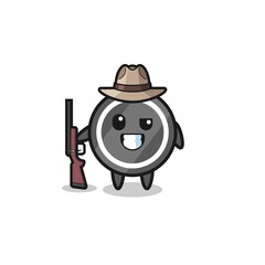 hockey puck hunter mascot holding a gun