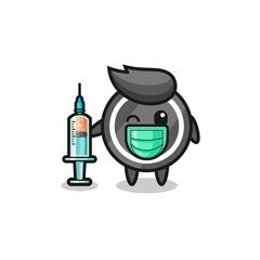 hockey puck mascot as vaccinator