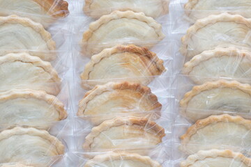 Curry puffs in plastic bag package with close up shot.