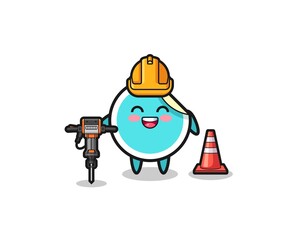 road worker mascot of sticker holding drill machine