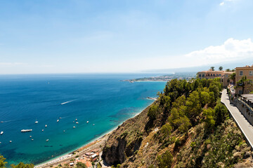 Fototapeta na wymiar Beautiful Seascapes from above in Taormina, Province of Messina, Sicily, Italy.