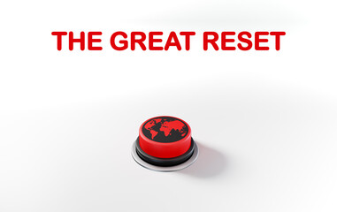 The Great Reset text, red push button with illustration of the world on it, economic world reset concept illustration - obrazy, fototapety, plakaty