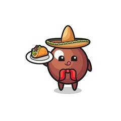 chocolate ball Mexican chef mascot holding a taco