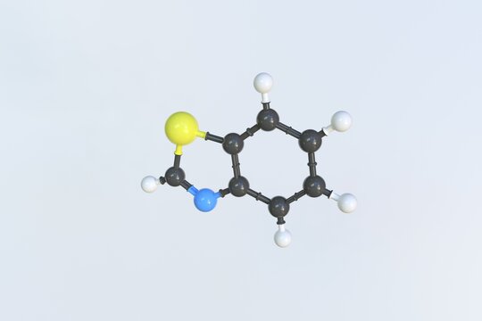 Benzothiazole molecule, isolated molecular model. 3D rendering