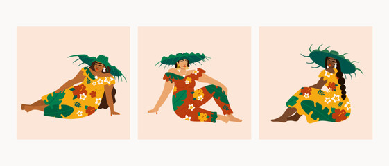 Illustration set of island women wearing floral dresses relaxing