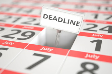 DEADLINE plate on June 30 in a calendar, 3d rendering