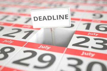 DEADLINE plate on July 22 in a calendar, 3d rendering