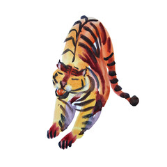 Watercolor hand-drawn abstract tiger wild cat isolated on white background. Chinese symbol new year. Orange animal with black stripes. Creative clipart for christmas, celebration, invite