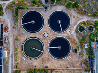 Modern sewage treatment plant, aerial top view from drone