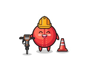road worker mascot of cricket ball holding drill machine