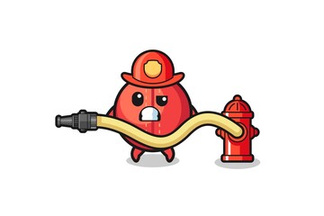 cricket ball cartoon as firefighter mascot with water hose