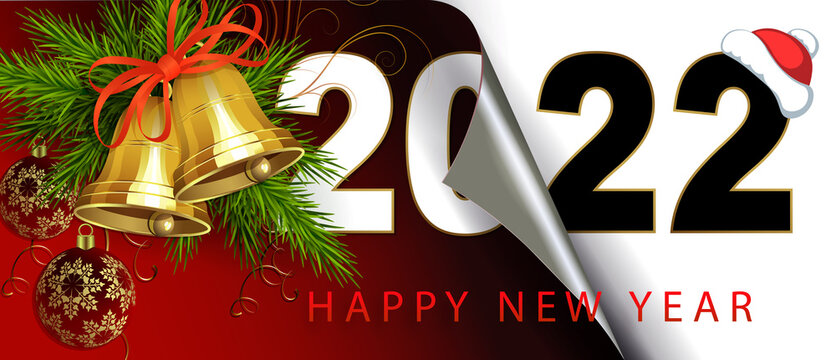 Happy new year 2022, christmas composition folded leaf of red and black shades, golden bells