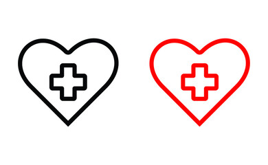 Heart icons with cross inside linear icon thin black line.Heart icon, healt care concept sign vector on white background.Simple medic support concept pictogram, infographic for ads, app, web button.