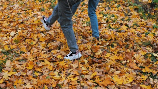 two young girls are walking on fallen yellow leaves in an autumn park kicking the leaves with their feet.