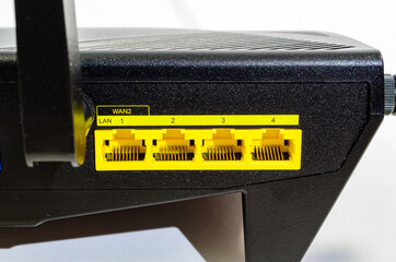 Close-up view of the LAN ports on a home wifi router