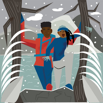 Illustration of gay couple hiking up snowy mountain