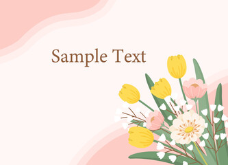 Background design with bouquet of spring flowers. Yellow tulips, pink and white flowers on pastel pink background.