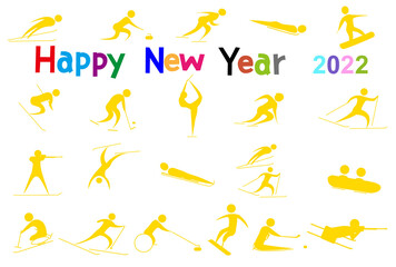 2022年の年賀状のテンプレート素材。スポーツアイコンを背景にしています。