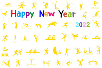 2022年の年賀状のテンプレート素材。スポーツアイコンを背景にしています。