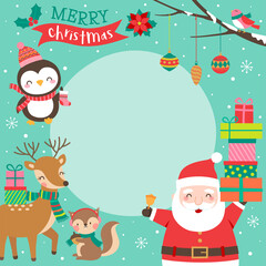 Obraz na płótnie Canvas Cute cartoon character illustration with copy space for christmas and new year card template.