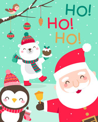 Cute cartoon character illustration with snow scene for christmas and new year card design