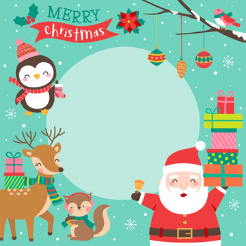 Cute cartoon character illustration with copy space for christmas and new year card template.