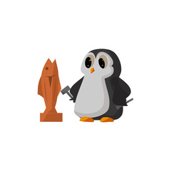 Penguin is carving wood into fish Illustration Template