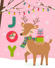 Cute reindeer and bird cartoon illustration for christmas and new year card template.
