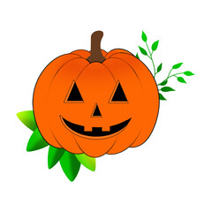 orange pumpkin with open eyes and mouth and leaves. Helloween October