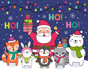 Cute santa claus and cartoon animals illustration for christmas and new year greeting card.