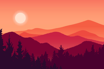 Mountain landscape and forest vector illustration, red silhouette hill environment at sunset