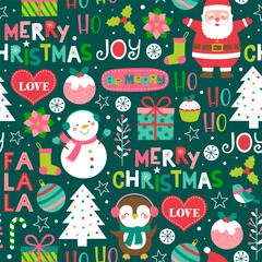 Cute cartoon character, pine trees and christmas elements seamless pattern.