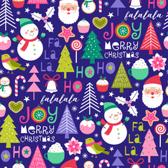 Cute cartoon character and christmas elements seamless pattern.