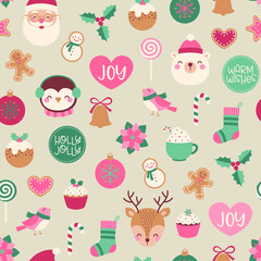 Cute character and christmas elements seamless pattern.