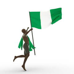 3D rendering of man holding Nigerian Flag excited and jubilating