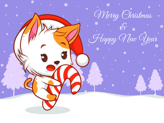 cute cat cartoon character with merry christmas and happy new year greeting banner.