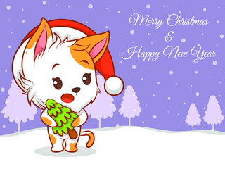 cute cat cartoon character with merry christmas and happy new year greeting banner.