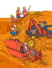 Drawing sketch style illustration of a horizontal directional drilling job site with drill rig boring, mechanical digger laying empty service conduits and construction worker foreman with copy space.
