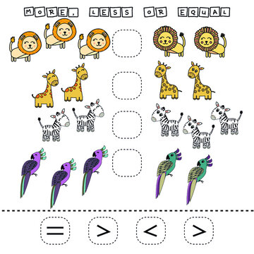 ​​Which is greater, less or equal game with funny giraffes, parrots, zebras, lions. Worksheet for preschool kids, kids activity sheet, printable worksheet