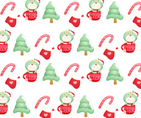 Cute baby with santa hat inside a cup and happy christmas day patterns