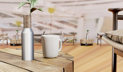 3D rendering cafe atmosphere side view  from the table at abstract floor and wall texture , wooden table and seat in the cafe