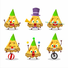 Cartoon character of slice of custard tart with various circus shows