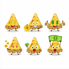 Slice of custard tart cartoon character with cute emoticon bring money