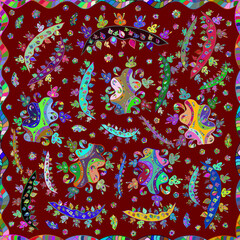 Naklejka premium Seamless pattern with interesting doodles on colorfil background. Raster illustration.