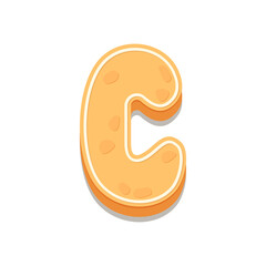 Gingerbread Cookies letter C. Cartoon letter with icing sugar covering. Vector illustration for your design.