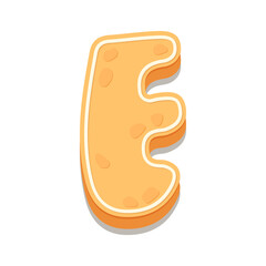 Gingerbread Cookies letter E. Cartoon letter with icing sugar covering. Vector illustration for your design.