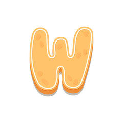Gingerbread Cookies letter W. Cartoon letter with icing sugar covering. Vector illustration for your design.