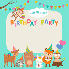 Cute cartoon animals illustration with copy space for birthday card template.
