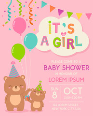 Cute cartoon mother and daughter bears illustration for girl baby shower invitation card template.
