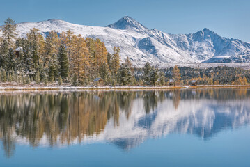Fototapeta na wymiar lake mountains snow forest reflection autumn